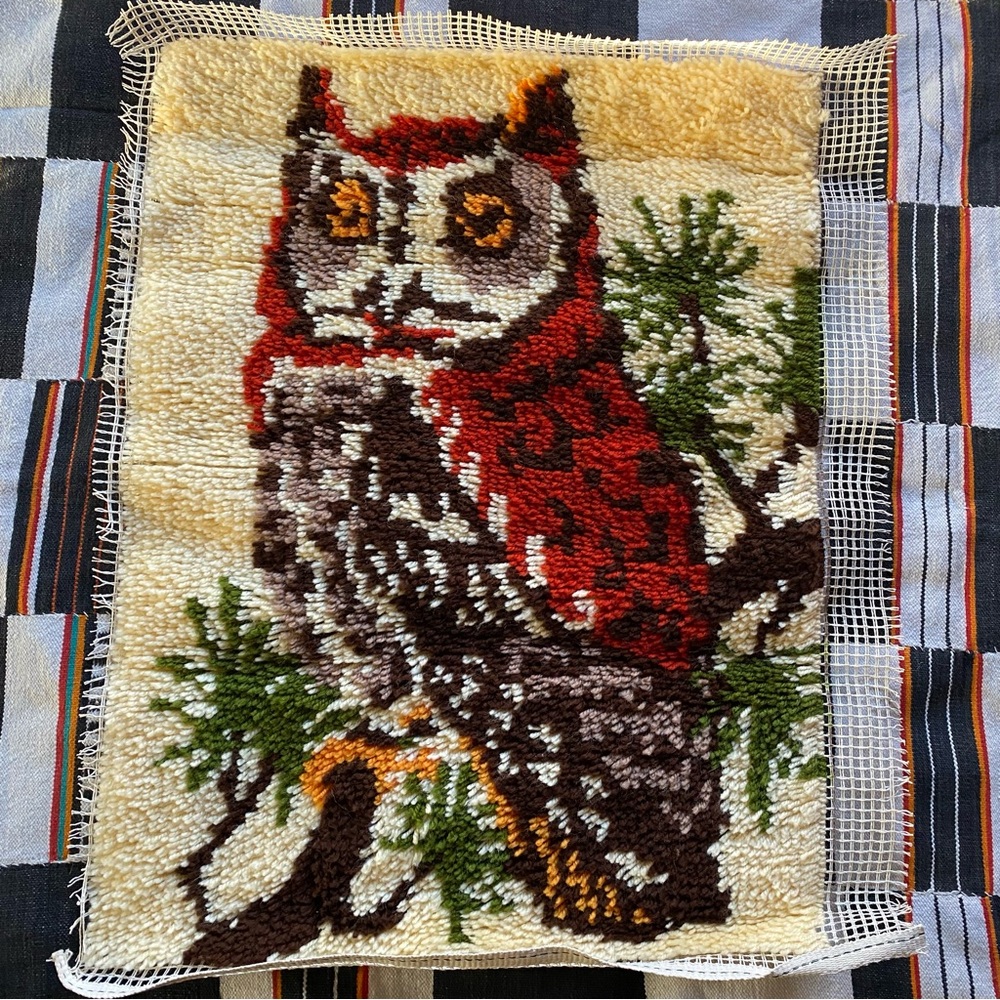 Vintage 70’s Folk art Owl Latch hook wall hanging! Large. 28”x21” great shape!